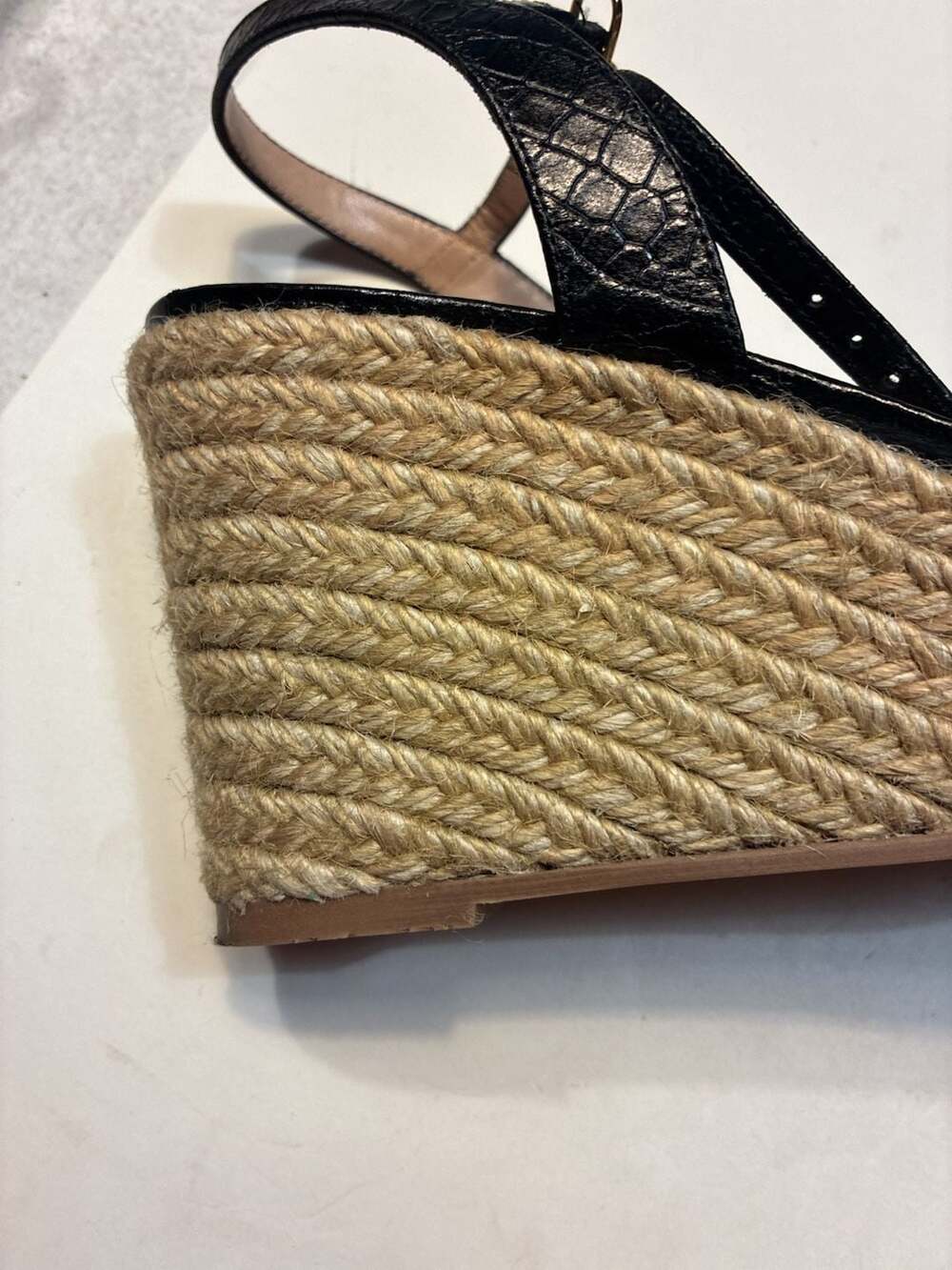 Stuart Weitzman Dayna Black Croc-Embossed Leather Espadrille Wedge Sandals - Picture 5 of 12